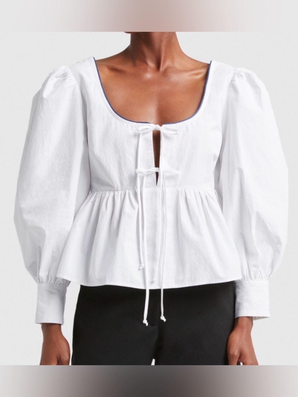 CIao Lucia Benedetta Contrast Piping Peasant Tie-Front Blouse Black & White XS